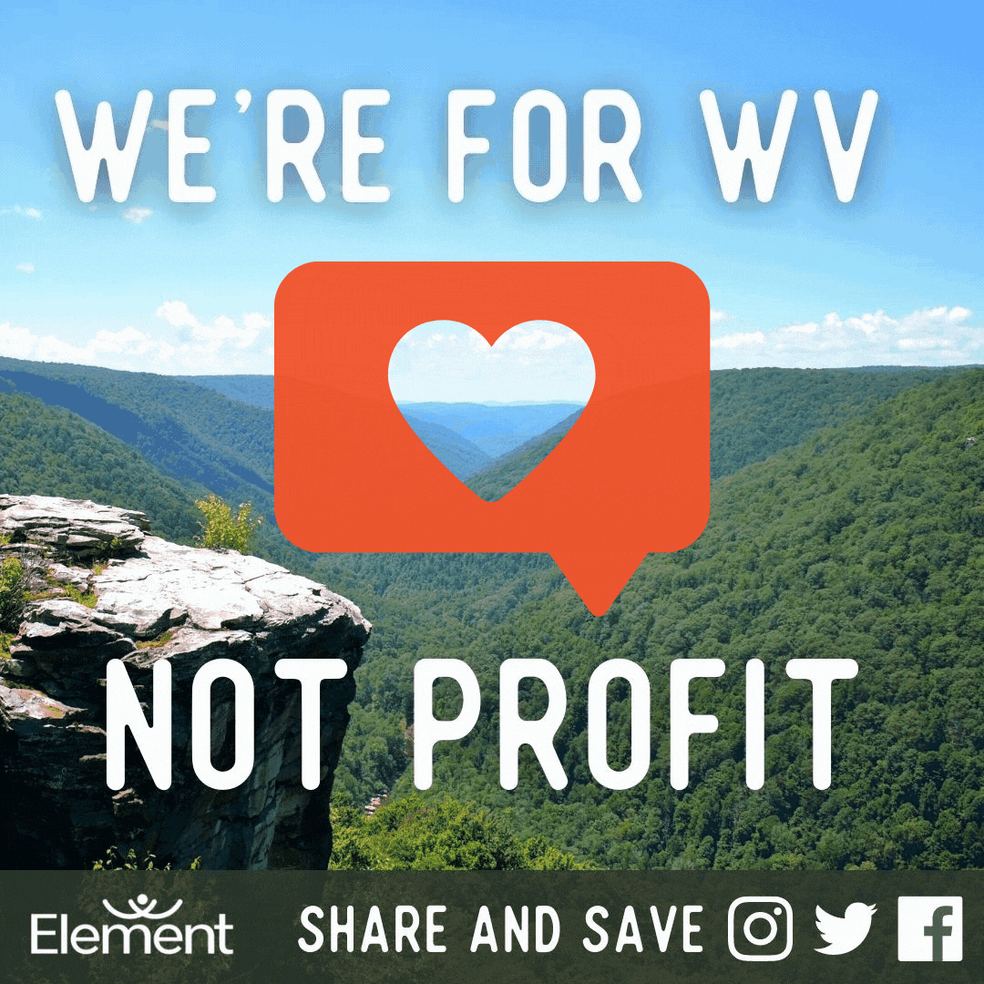 We're for WV Not Profit. Gif of West Virginia landscape and social media heart icon. Element Logo. Share and save. Instagram, Twitter, Facebook icon